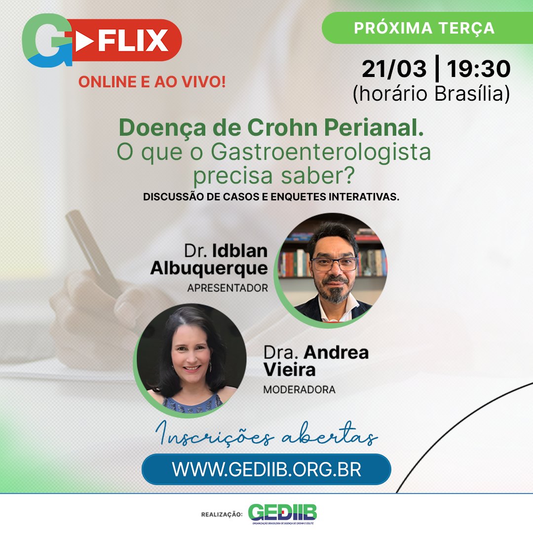 📢 É na próxima terça-feira (21/3)

⏰ Ao vivo, a partir das 19:30

➡ Doença de Crohn Perianal. O que o gastroenterologista precisa saber?

❗ Novidade: discussão de casos e enquetes interativas.

👍 Venha tirar suas dúvidas sobre o tema

✅ Inscrições: bit.ly/3Lajj84