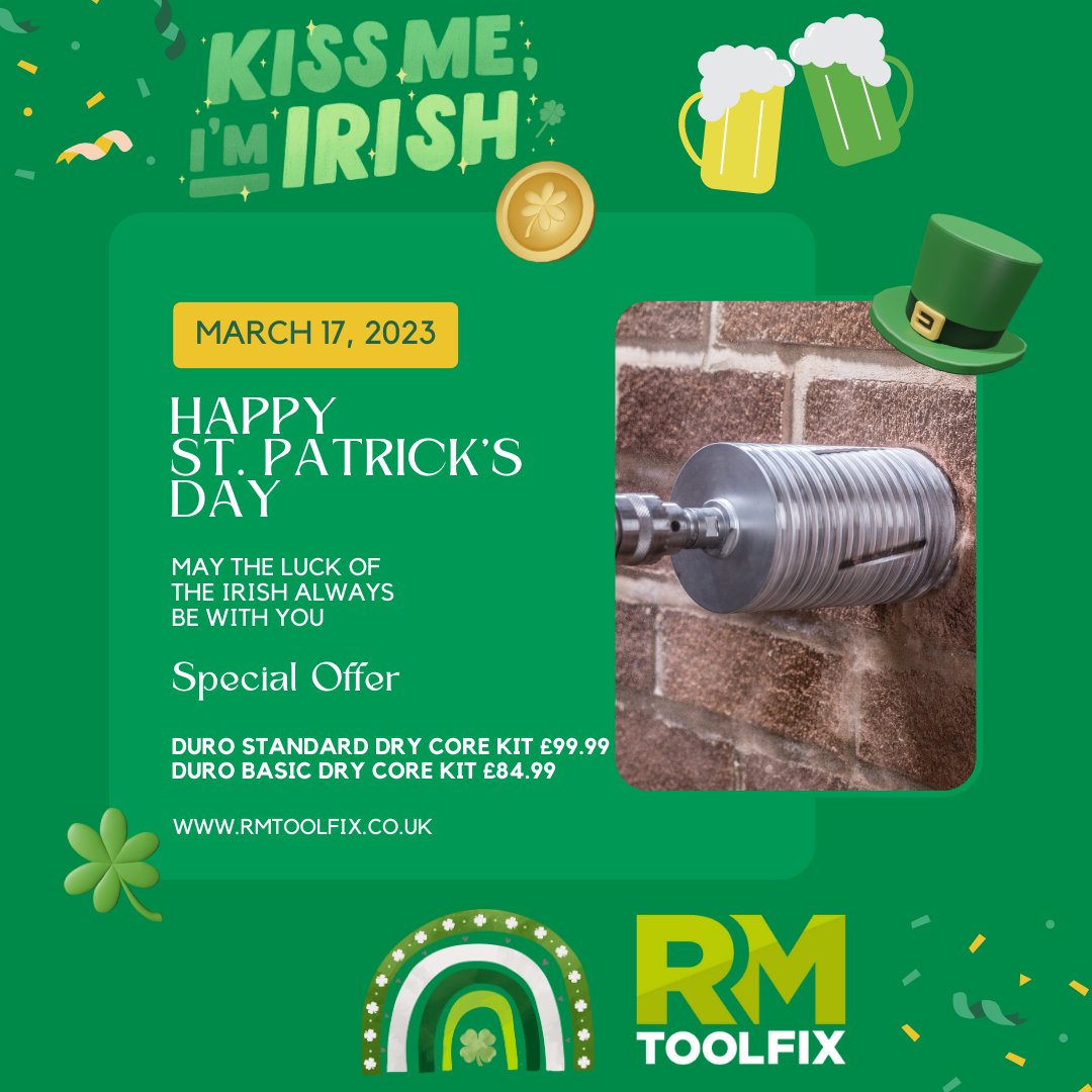 RMToolfix's tweet photo. Happy St. Patrick's Day! 🍀

Boy, do you have the luck of the Irish on your side! 🇮🇪

Duro Standard Dry Core Kit for £99.99 - that's a £33 saving!

https://t.co/6a5oJ29Ucu

Duro Base Dry Core Kit for £84.99 - that's a £17 saving!

https://t.co/ivnsUeIZZZ

This weekend only! 😉 https://t.co/1ZpRDbu2PR