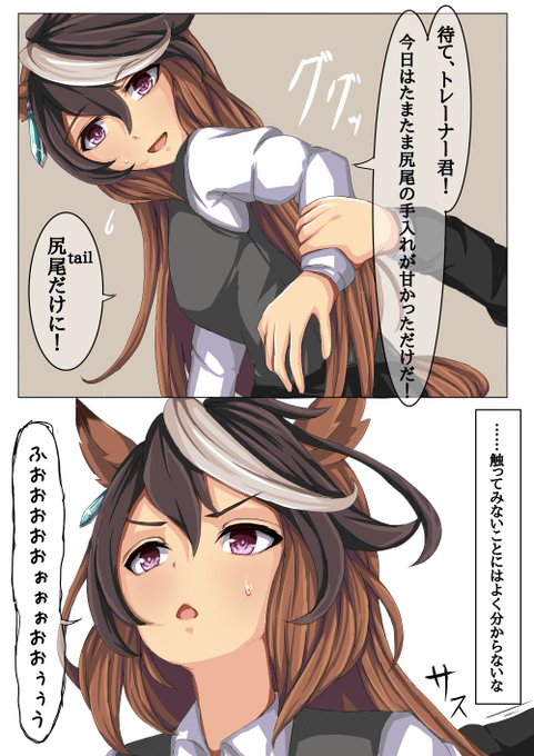 ㉘───スキンシップは手のひらでする。 

右手で、時には左手で、ルドルフの首すじ、腰から尻にかけたあたりを優しくさする。 このタッチングのねらいは、ウマ娘の気を落ちつけること、その一点にしかない。

#ウマ娘
#シンボリルドルフ 