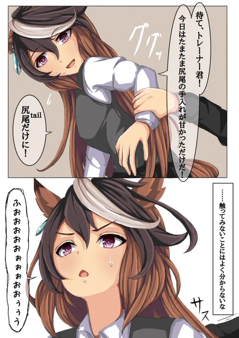 ㉘───スキンシップは手のひらでする。 

右手で、時には左手で、ルドルフの首すじ、腰から尻にかけたあたりを優しくさする。 このタッチングのねらいは、ウマ娘の気を落ちつけること、その一点にしかない。

#ウマ娘
#シンボリルドルフ 