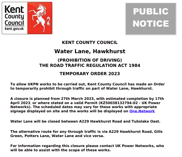 KCC Highways on Twitter "Hawkhurst, Water Lane. Road closure from 27th March for 22 days for