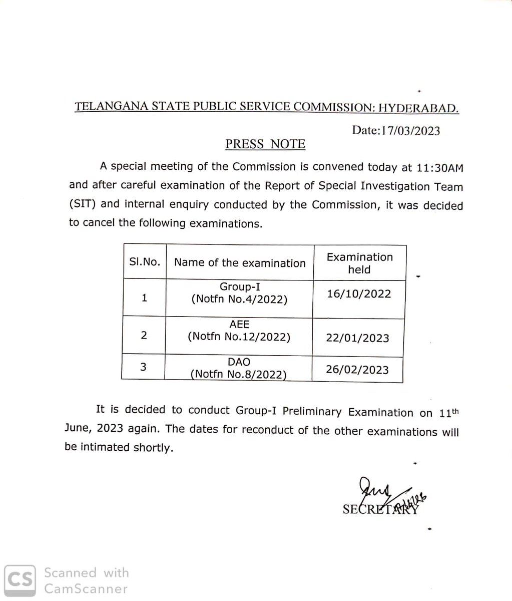 CyberPost9's tweet image. In a major setback to @BRSparty government, the @TSPSCofficial cancelled the Group-1 prelims exam conducted in last October along with other exams.

@PMOIndia 
#examleak
