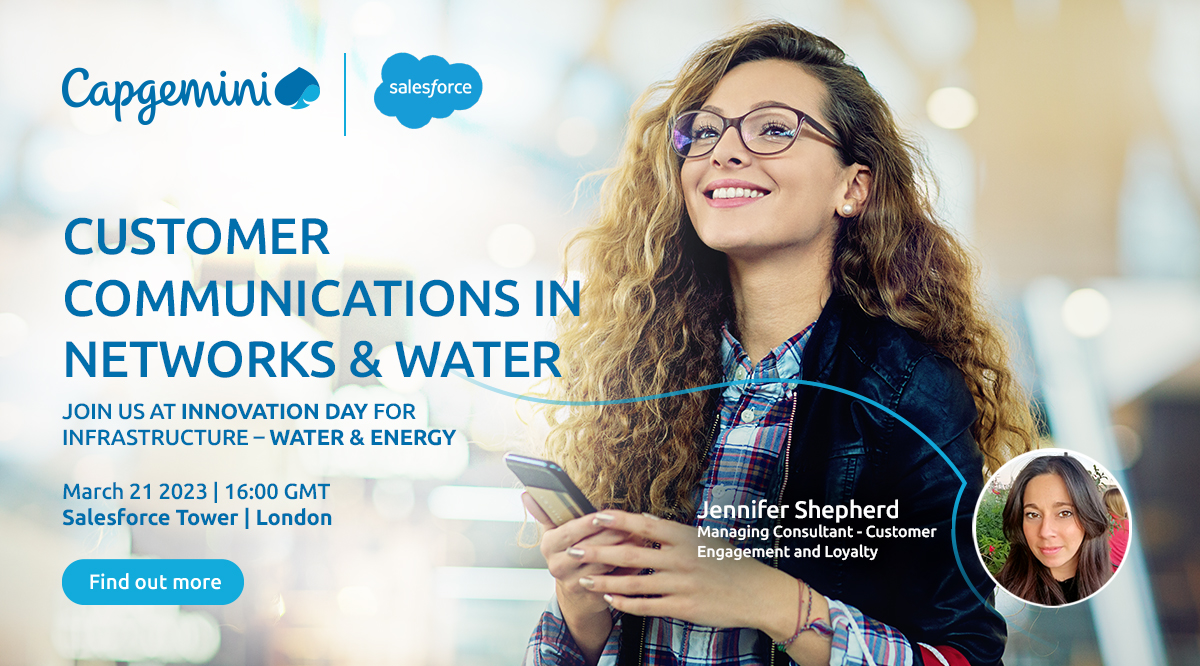 CapgeminiUK's tweet photo. We're delighted to be sponsoring Salesforce's Innovation Day for #Water &amp; #Energy. Join our expert, Jennifer Shepherd, who will be presenting Customer #Communications in Networks &amp; Water. 

Find out more here: https://t.co/K7i1yDDtvy

#CapgeminiUK #CapgeminiInvent https://t.co/g40NV0sopy