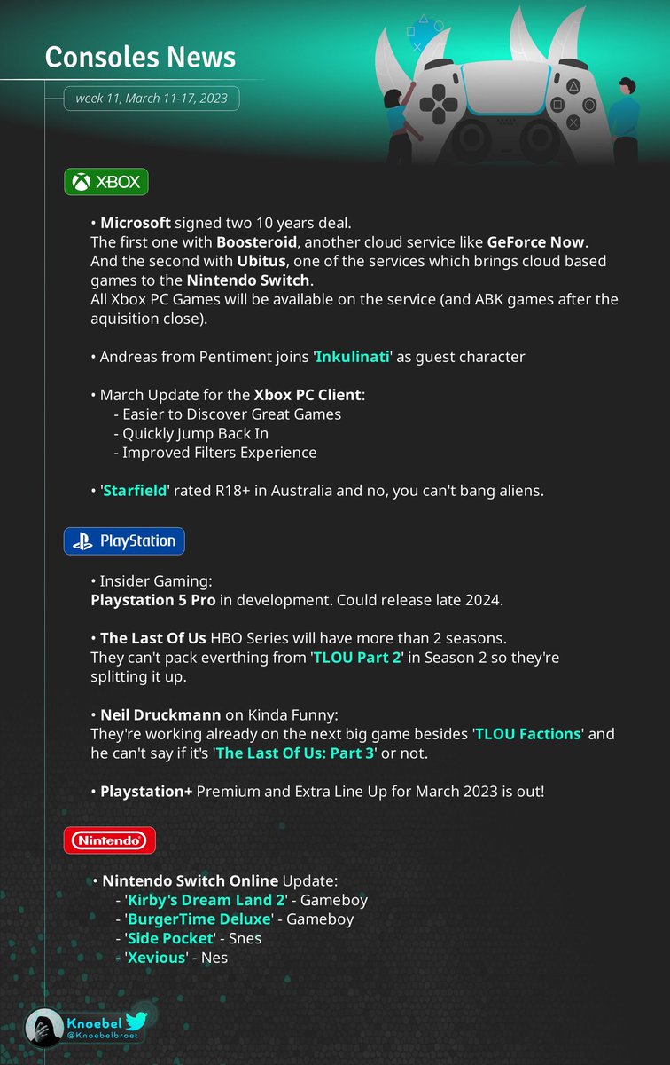 Knoebelbroet's tweet photo. Yo, it's friday 8PM here so you get the #GamingNewsRecap a bit earlier in the next weeks.

- Console News
- Release and Delay dates 
- Other Stuff

Thanks again to @viaz who helps me out with that stuff since i'm on vacation.

#Xbox #PlayStation #Switch https://t.co/MScqHMqndV