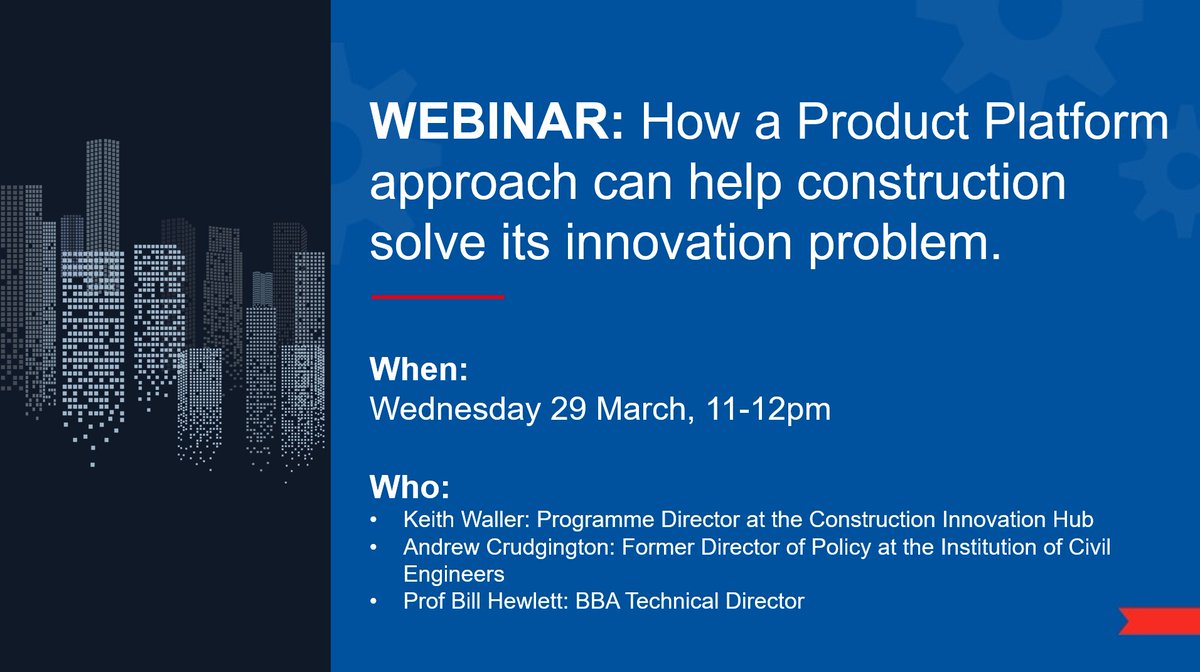 [WEBINAR] Keith Waller, Programme Director at the Construction Innovation Hub, will explain how a Product Platform approach can accelerate change and help the industry embrace the full potential of digitisation and MMC. Join us! register.gotowebinar.com/register/49435… @CIH_HUB