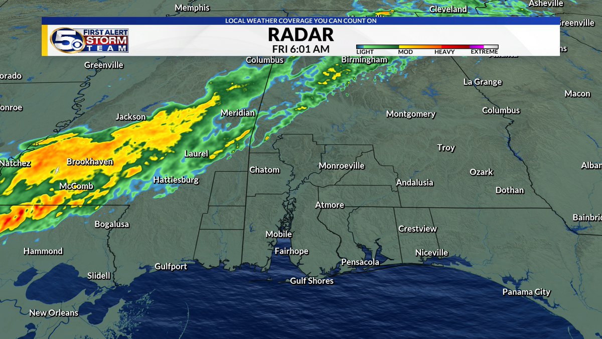 WKRG_John's tweet photo. 6 AM UPDATE: We are tracking a line of storms moving towards our area. The severe weather threat will increase through the morning and into the afternoon with damaging winds and a tornado or two possible. MORE: https://t.co/ThSwssexSN https://t.co/m3Y2tFKnBu