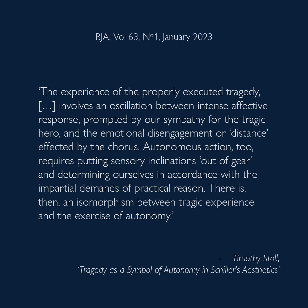 From our brand new issue. Timothy Stoll gives an account of tragedy in Schiller that, he claims, explains how tragedy could actively cultivate freedom in appreciators. doi.org/10.1093/aesthj…