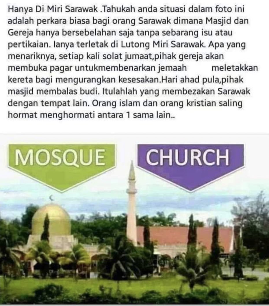 This is my hometown of Lutong in Miri, Sarawak. On Fridays, the church will open their gates so mosque goers can park their cars in their compound to ease up road congestions and vice versa, on Sundays, the mosque will open their gates so the church goers can park theirs 💜