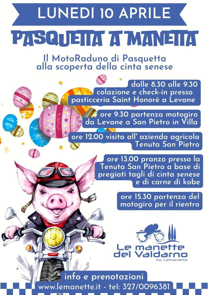 LeManette's tweet photo. PASQUETTA A MANETTA💙
Il Motoraduno di Pasquetta alla scoperta della cinta senese con Le Manette del Valdarno
Il motoraduno avrà come obiettivo quello di portare tutti i partecipanti alla scoperta delle specialità della cinta senese. Durante il pranzo… https://t.co/G1jWIyJjls https://t.co/pnyRlnUjQV