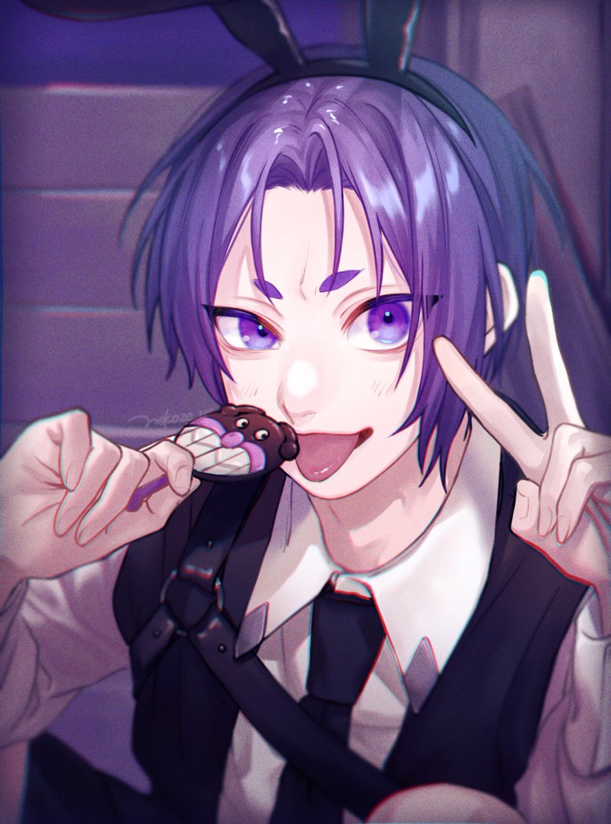 1boy purple hair male focus purple eyes animal ears tongue tongue out  illustration images