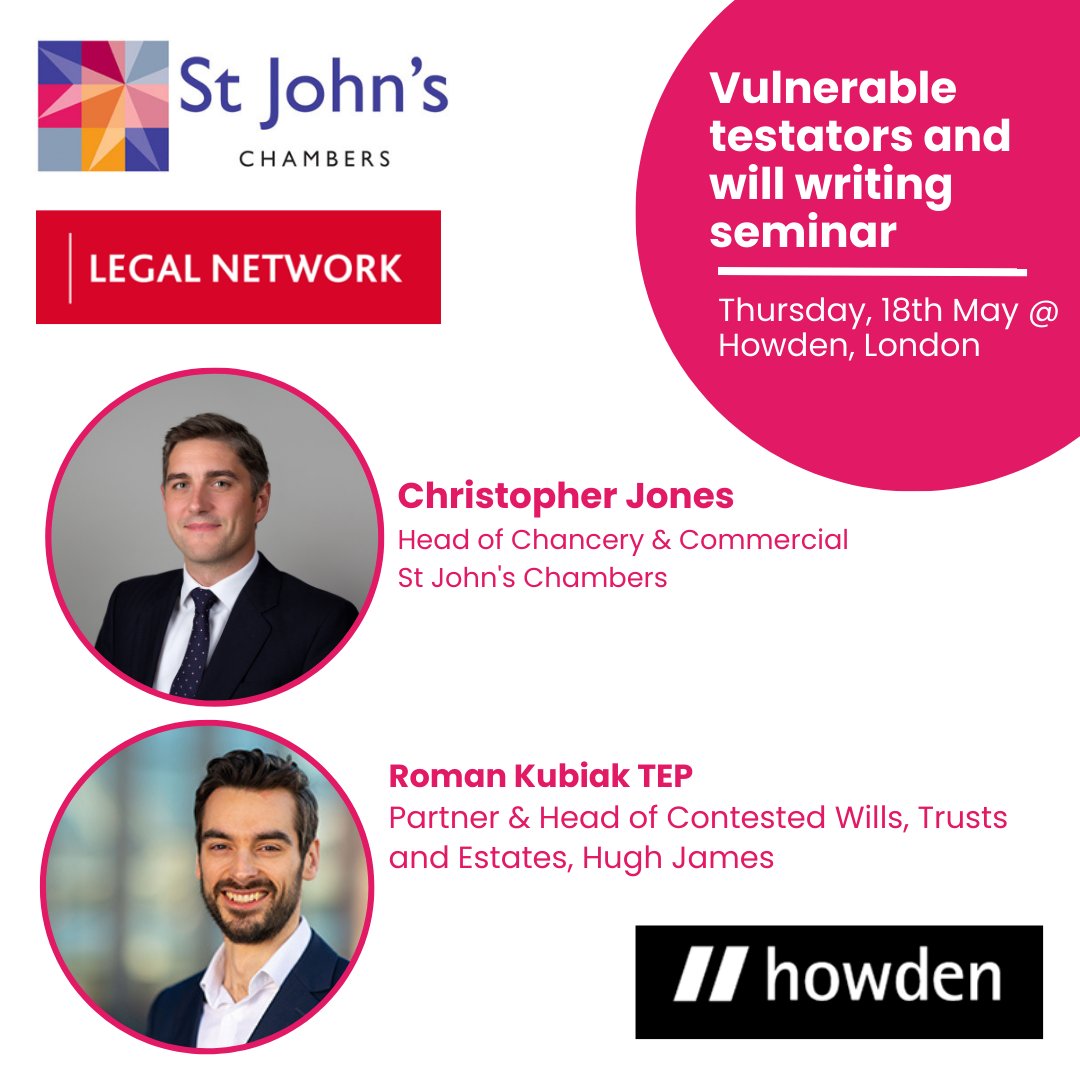 Identifying and mitigating risk are key to the #legal professional’s tool kit, how does that work in practice? Christopher Jones, <a href="/RomanEKubiak/">Roman Kubiak TEP</a>  &amp; <a href="/HughJamesLNW/">Legal Network</a> will facilitate a practical workshop on #wills for #vulnerable #testators at Howden: Read: tinyurl.com/2bydz35k