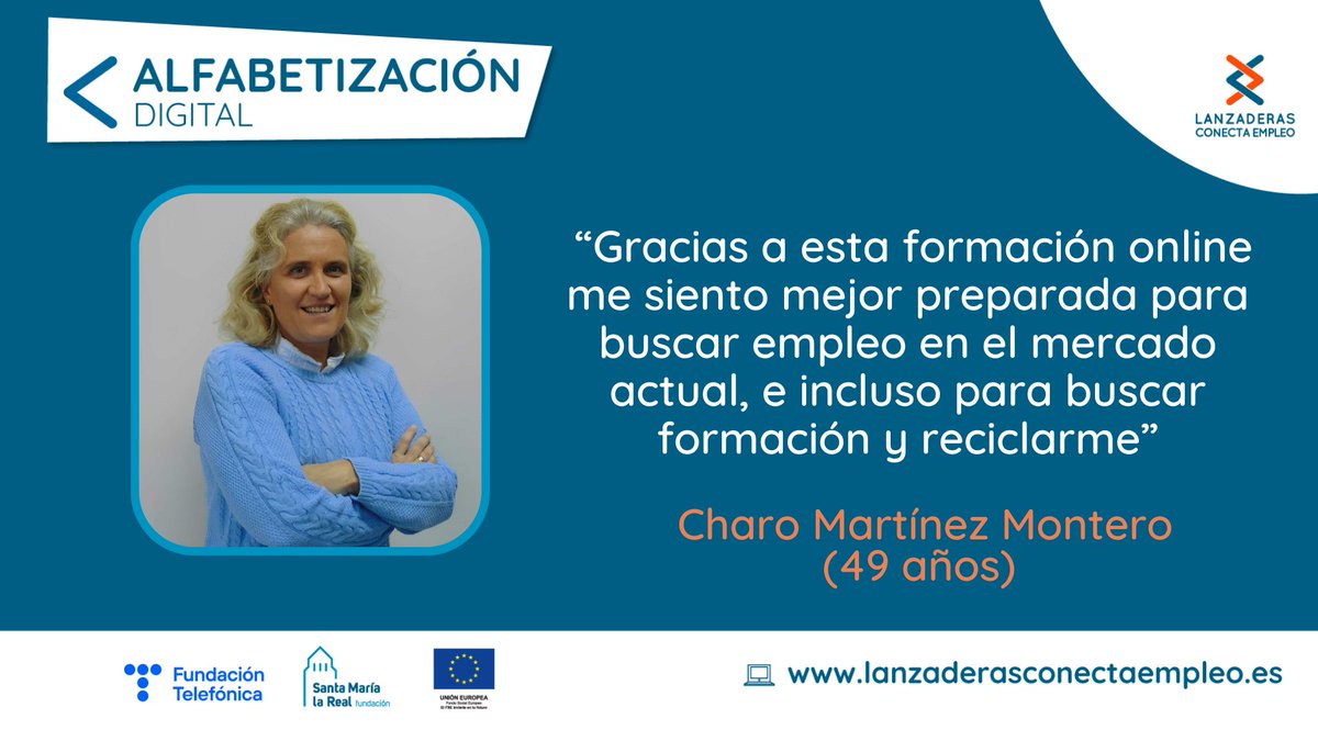 AreaEmpleoFSMLR's tweet photo. 🙋‍♀️ Charo Martínez Montero (49 años, Licenciada en Historia). Ha participado en #AlfabetizaciónDigital. 🗣️ "Gracias a esta #formaciónOnline 👩‍💻 ahora me siento más preparada para #BuscarEmpleo en el #mercado actual".  Aún puedes participar en prox. edición https://t.co/GnohRbLfAY https://t.co/xKJkfZDaKQ