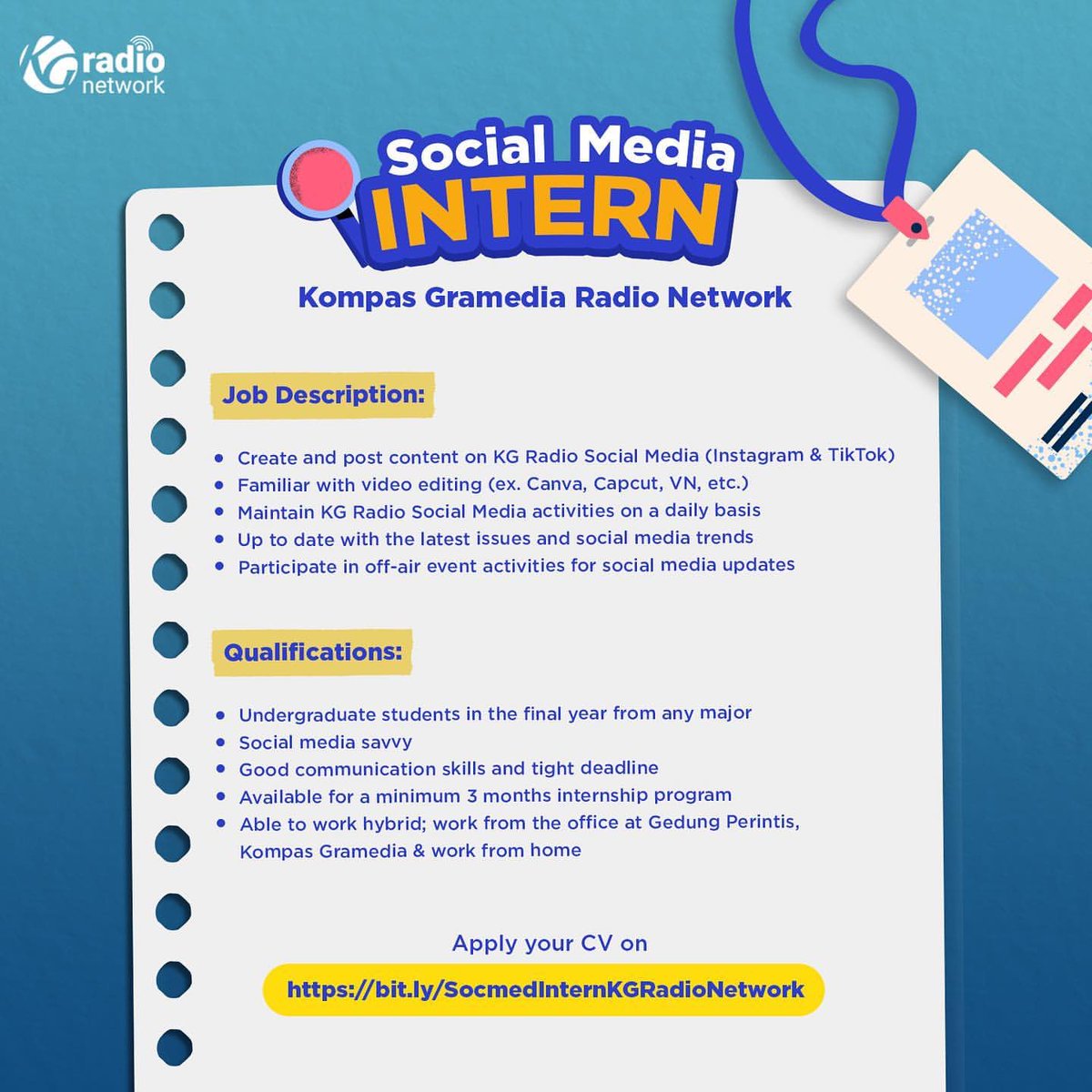 KampusUpdate's tweet photo. Kompas Gramedia Radio Network lagi hiring posisi Social Media Intern. Buat kamu yang lagi kuliah mulai dari semester 6 maupun semester akhir, buruan join sekarang‼️

Apply your CV on https://t.co/907CjQvDKa

#KUJobs https://t.co/Yl7VqwohPv