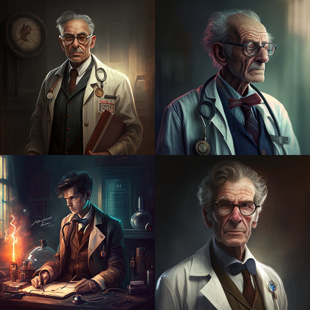 njmott's tweet image. What other jobs look like according to Midjourney, simply with the job title as a prompt. Doctor: