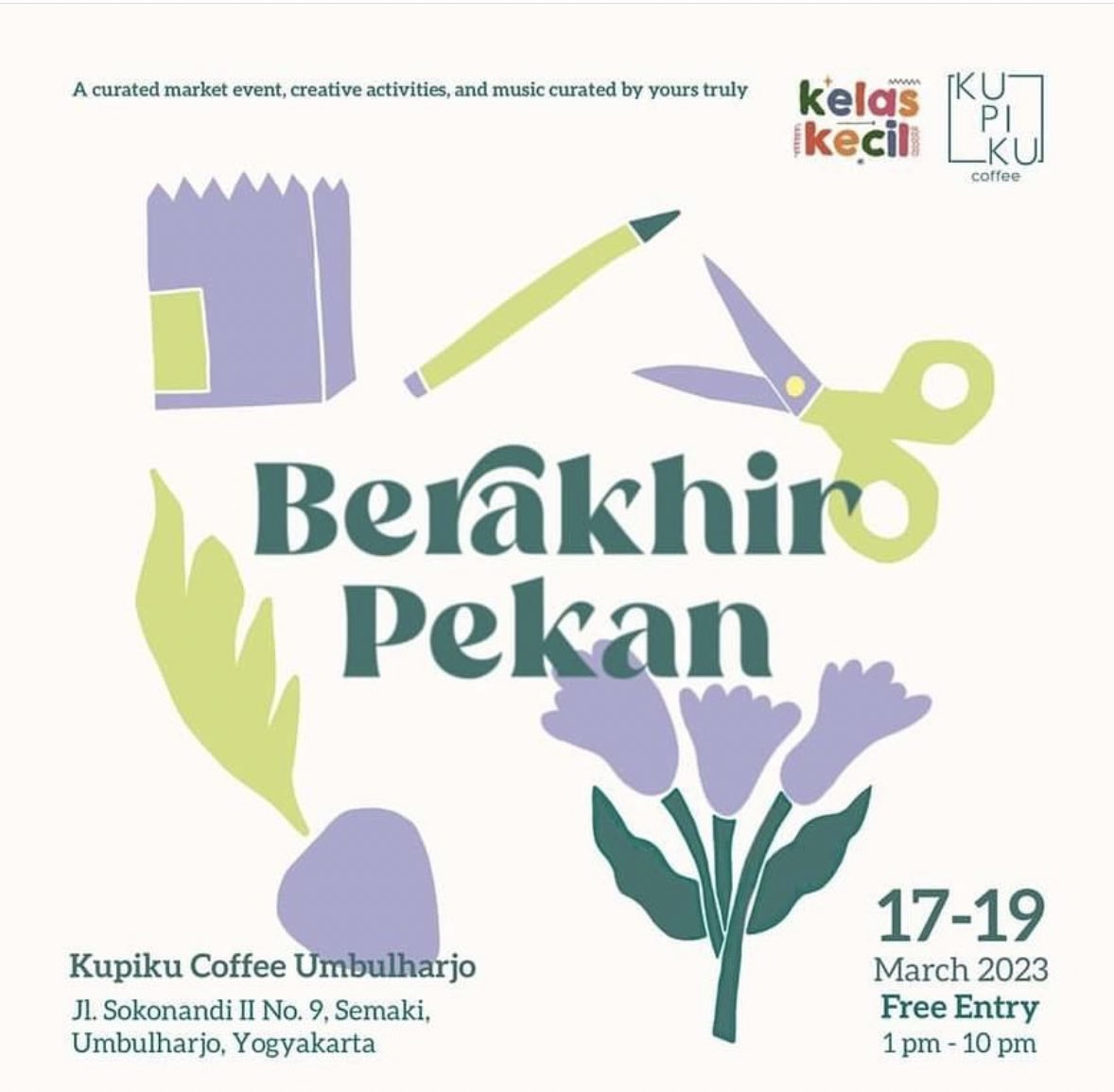 kupikucoffee's tweet photo. Berakhir Pekan is a curated market event, creative activities, and music curated by yours truly that will be held in the center of Yogyakarta 🌷
Prepare yourself and take a note to save the date on 17-19 March 2023 at Kupiku Coffee Umbulharjo ✨ https://t.co/ZfArITOTk9