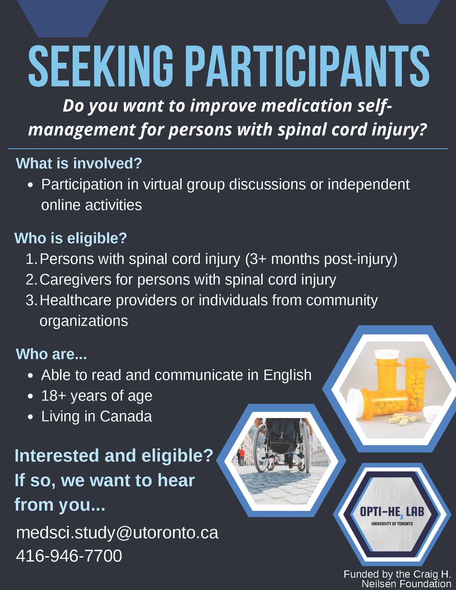 OPTI-HEx Lab (@opti_hexlab) on Twitter photo Interested in improving medication self-management for adults with spinal cord injury/dysfunction in Canada? Check out our current project for more information! <a href="/UofT/">University of Toronto</a> <a href="/SGuilcher/">Dr. Sara Guilcher (she/her)</a> <a href="/praxis_sci/">Praxis Spinal Cord Institute</a> <a href="/SCI_Ontario/">Spinal Cord Injury Ontario</a> @SCICanucks <a href="/RSIUofT/">RSI UofT</a> <a href="/UofTPharmacy/">Leslie Dan Faculty of Pharmacy</a> <a href="/ihpmeuoft/">IHPME</a> @researchuoft Interested in improving medication self-management for adults with spinal cord injury/dysfunction in Canada? Check out our current project for more information! <a href="/UofT/">University of Toronto</a> <a href="/SGuilcher/">Dr. Sara Guilcher (she/her)</a> <a href="/praxis_sci/">Praxis Spinal Cord Institute</a> <a href="/SCI_Ontario/">Spinal Cord Injury Ontario</a> @SCICanucks <a href="/RSIUofT/">RSI UofT</a> <a href="/UofTPharmacy/">Leslie Dan Faculty of Pharmacy</a> <a href="/ihpmeuoft/">IHPME</a> @researchuoft