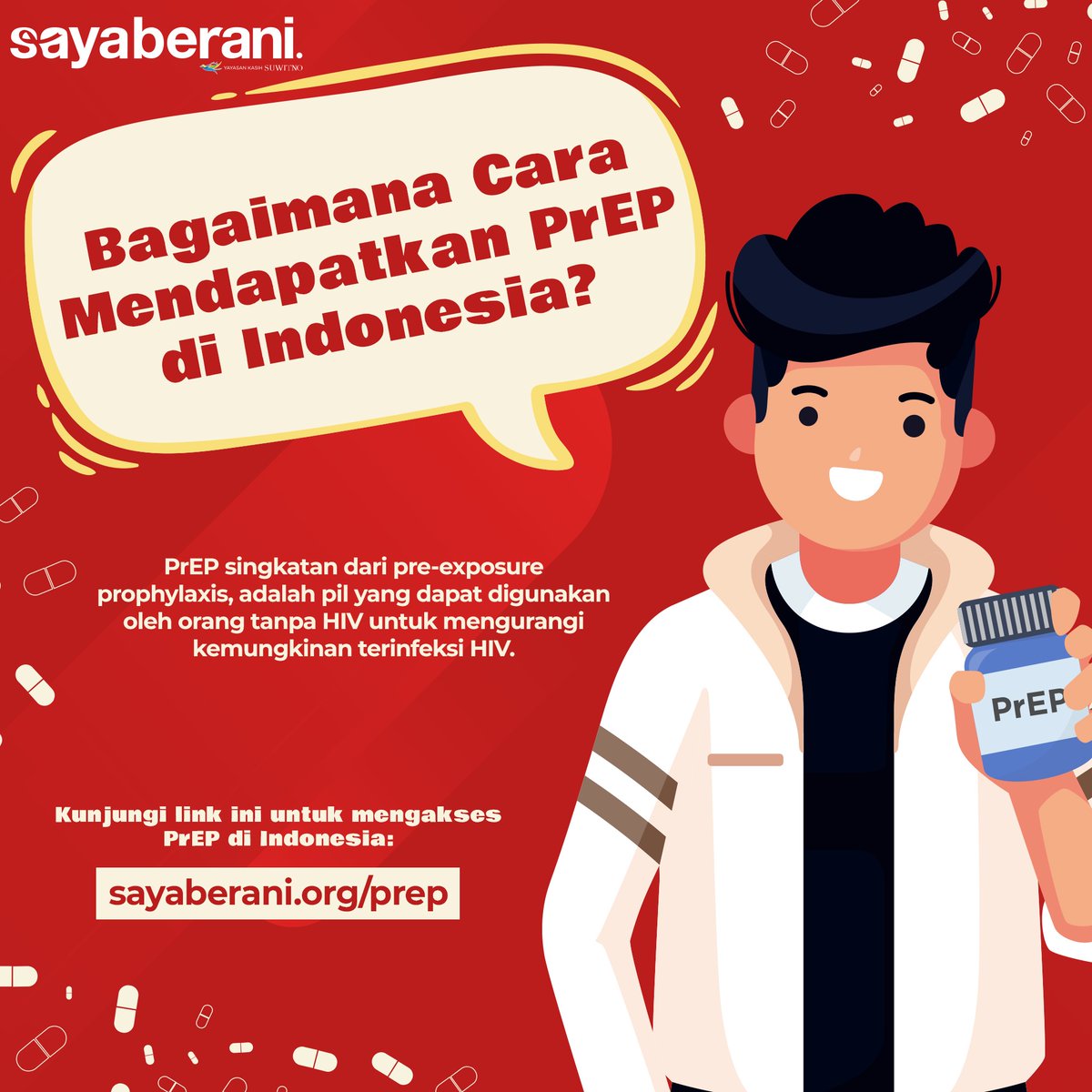 SayaBerani_id's tweet photo. PrEP adalah pil yang dapat digunakan oleh orang tanpa HIV untuk mengurangi kemungkinan terinfeksi HIV. Saat ini PrEP tersedia gratis di beberapa wilayah di Indonesia.

Jika kamu tertarik untuk mengikuti program layanan PrEP, kamu bisa mengakses link ini:

https://t.co/b5ucyEgImY https://t.co/NzLutY9AjB