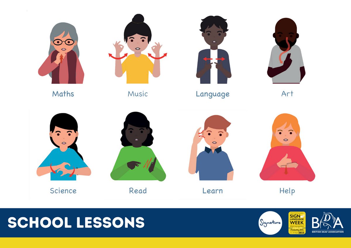 SignatureDeaf's tweet photo. Learn British Sign Language with Signature throughout #SignLanguageWeek. Today's resources are Colours, Seasons and School Lessons in BSL.
#BritishSignLanguage #SLWeek23 #SLW23 https://t.co/b31R2BwJ0M