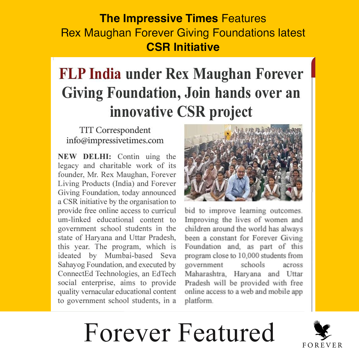 flpindia's tweet photo. Leading newspapers feature Rex Maughan Forever Giving Foundations latest CSR Initiative
#foreverfeatured https://t.co/lqyVbMSh3W