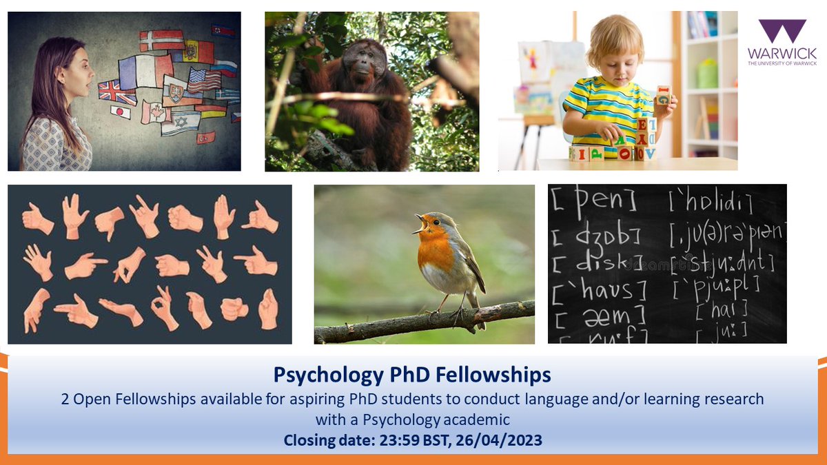Warwick Psychology (@warwickpsych) on Twitter photo Looking to study a PhD in Psychology? Here at <a href="/warwickpsych/">Warwick Psychology</a> we have 2 Open Departmental Fellowships for applicants looking to perform funded research in the fields of behavioural science, language and learning, or lifespan health & wellbeing. More info: jobs.ac.uk/job/CYC972/fou⦠Looking to study a PhD in Psychology? Here at <a href="/warwickpsych/">Warwick Psychology</a> we have 2 Open Departmental Fellowships for applicants looking to perform funded research in the fields of behavioural science, language and learning, or lifespan health & wellbeing. More info: jobs.ac.uk/job/CYC972/fouā¦