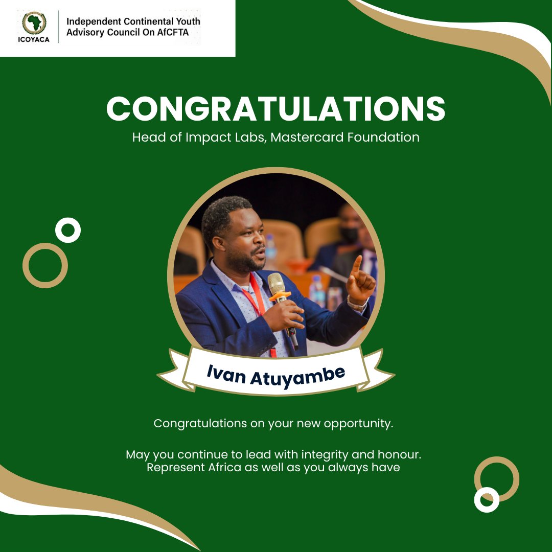 We would like to send heartfelt congratulations to renowned Leader <a href="/IvanAtuyambe/">Ivan Atuyambe (AfCFTA YouthMan)</a> on his new role as the Head of Impact Labs at <a href="/MastercardFdn/">Mastercard Foundation</a>

Thank you for your contribution in the development of African youth.

WeMoveIt!
