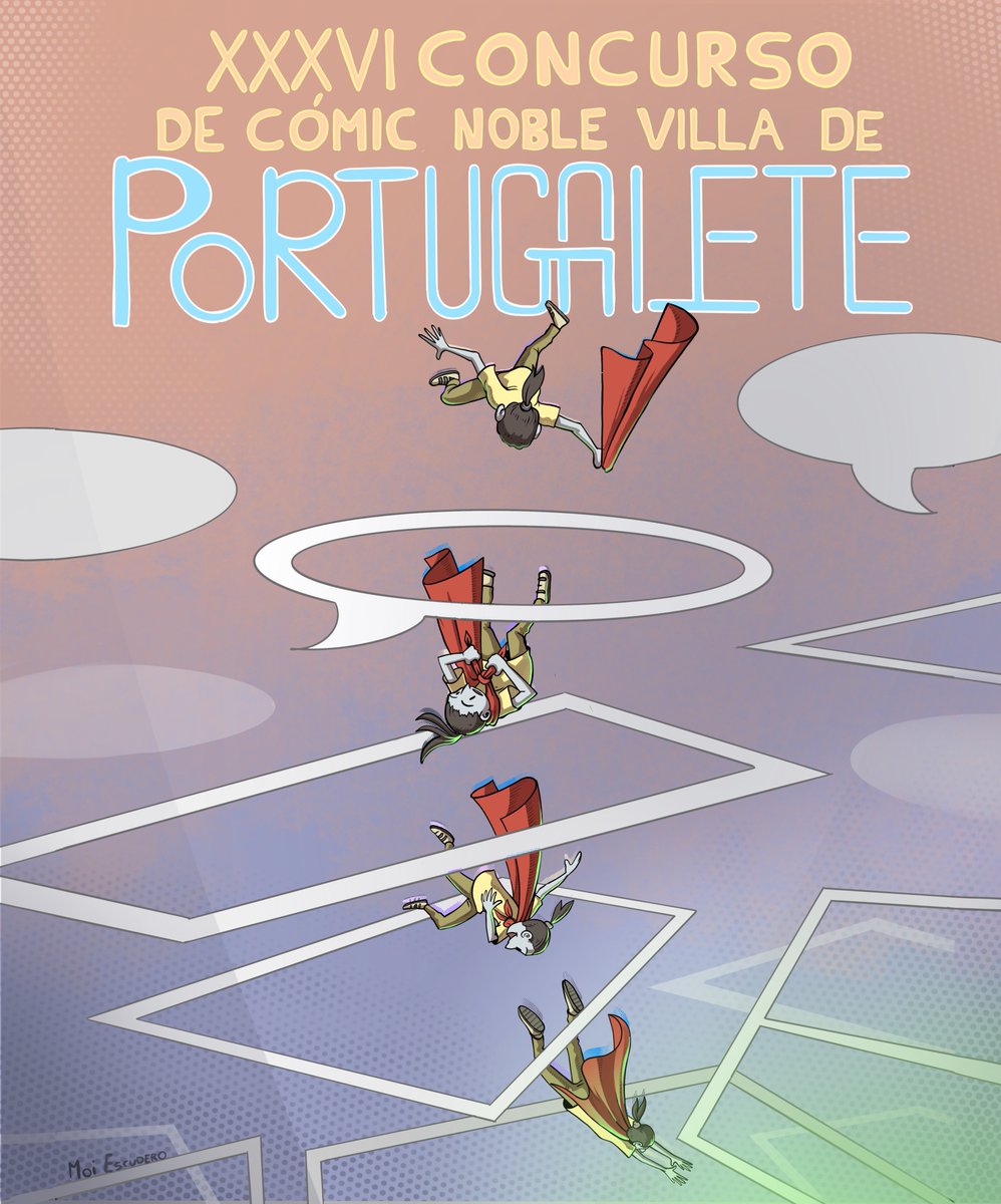 MoisEscudero's tweet photo. En el #cómic, el tiempo eres tú y donde se premia el disfrute en la lectura de las viñetas. 
Se lee jugando. 🔎
Os comparto el cartel que hice para el Concurso de Cómic “Noble Villa de Portugalete” que tras ganar  en  2022, tuve el honor de ilustrar esta.
#DiadelComicydelTebeo https://t.co/m0mVGHWDLt