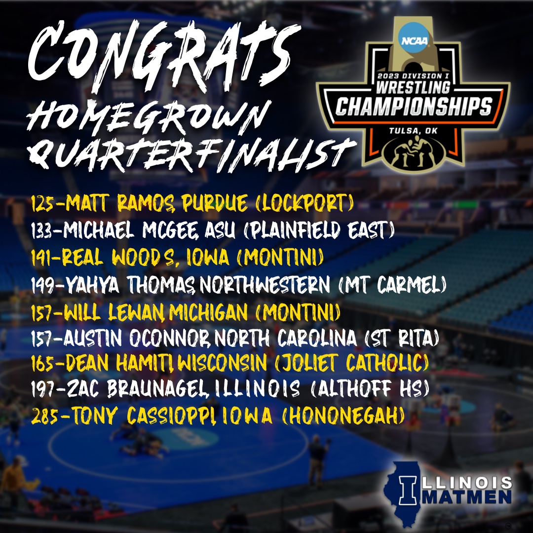 IllinoisMatmen's tweet photo. 9 homegrown wrestlers advances to the NCAA quarterfinals! Action for Session III starts tomorrow at 11am CST! #ILStrong https://t.co/FmBWCbLmli