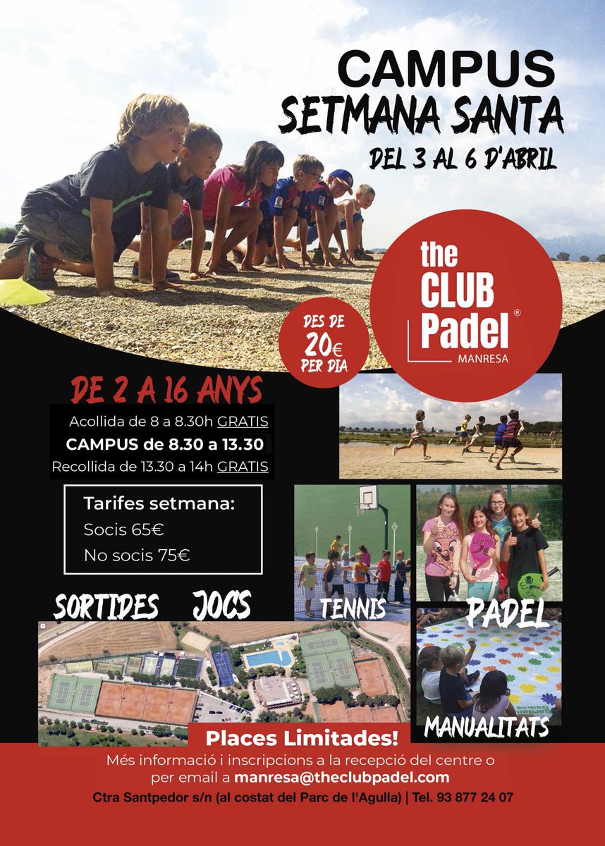 Ja ho tenim a punt pel #campus #SetmanaSanta al The Club Padel-Tennis #Manresa estàs preparat per venir a gaudir d l'esport, la natura i molt més?

Places limitades, inscripcions i informació a recepció del Club o manresa@theclubpadel.com

#somEsport #somNatura #somAireLliure🎾🎾