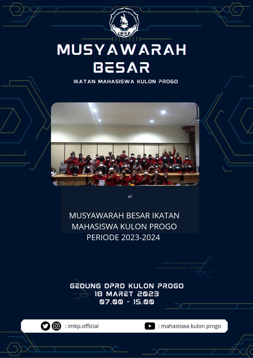 Musyawarah Besar (Mubes) merupakan agenda rutin pada akhir periode kepengurusan IMKP untuk mempertanggungjawabkan kepengurusan selama periode 2022/2023. 

RSVP
Salsa : wa.me/+628213379105
Tolong konfirmasi ke sdr Salsa jika ingin ikut meramaikan mubes

——
⚖️ Pengurus Inti