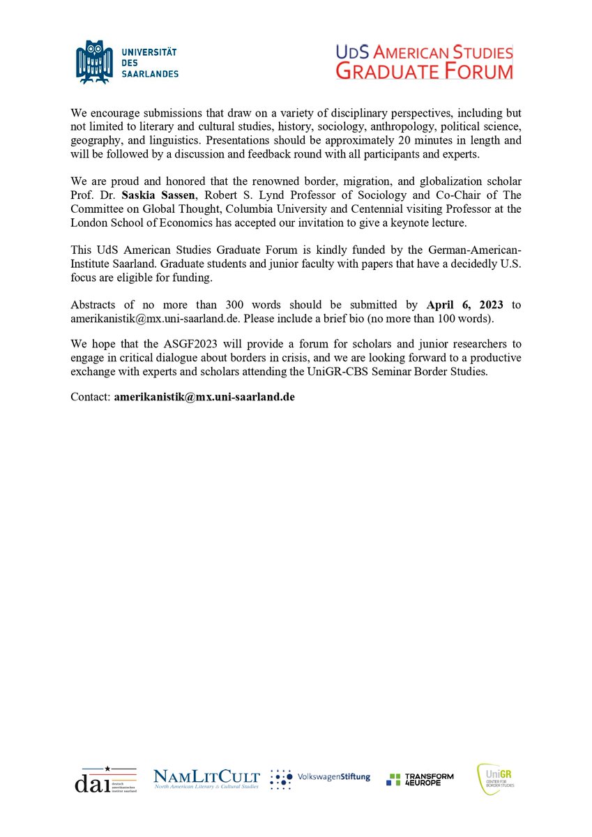 #CFP: UdS American Studies Graduate Forum 

Workshop for advanced Master students, doctoral candidates, as well as junior scholars to present their current work-in-progress 

Deadline: April 6, 2023

📌 <a href="/Saar_Uni/">Universität Saarland</a> and on Zoom
🗓️ May 11-12, 2023