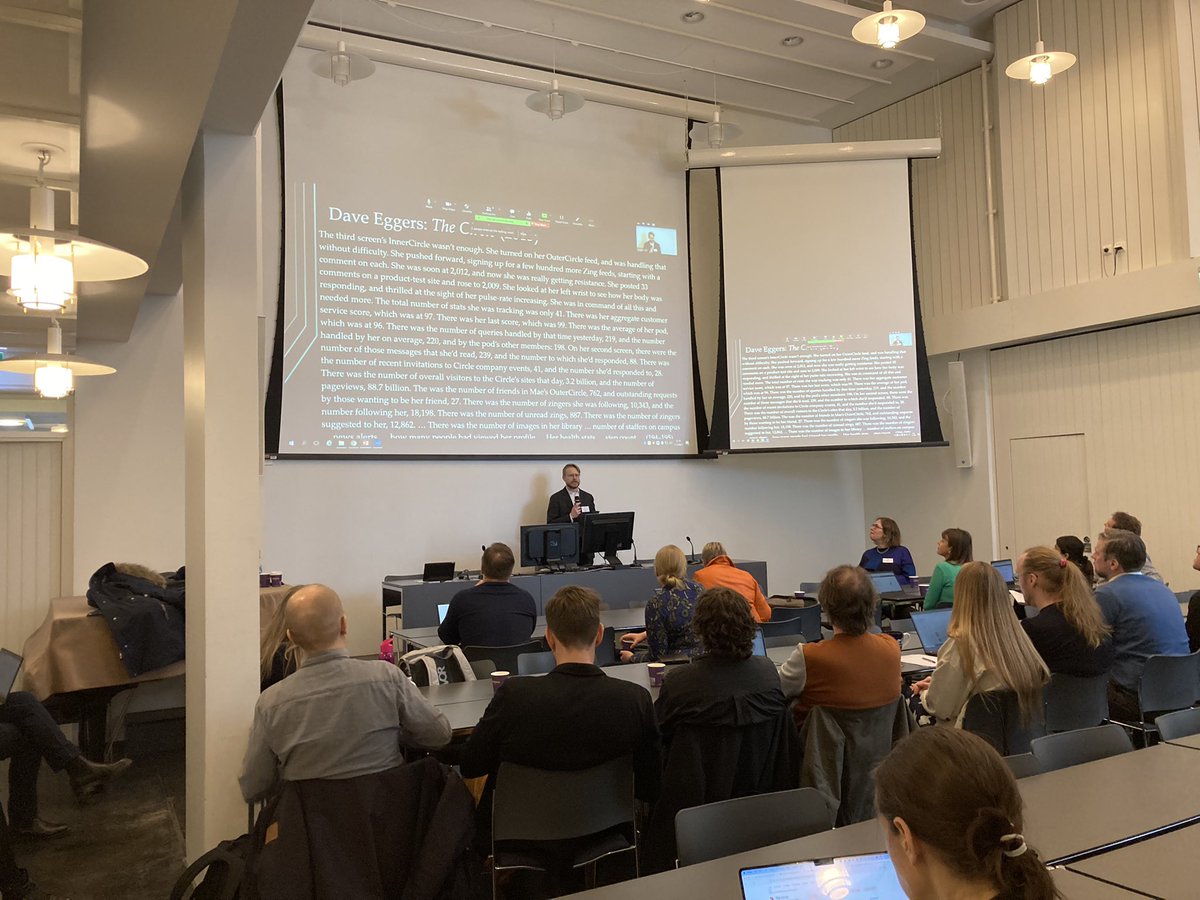 DayeiOh's tweet photo. Esko Suoranta (Instrumental narratives) discussed the fictions of datafication in literary narratives, particularly in techno-naturalist book The Circle (2013) #DataficationHSSH @HelsinkiHSSH https://t.co/ontryABRSt