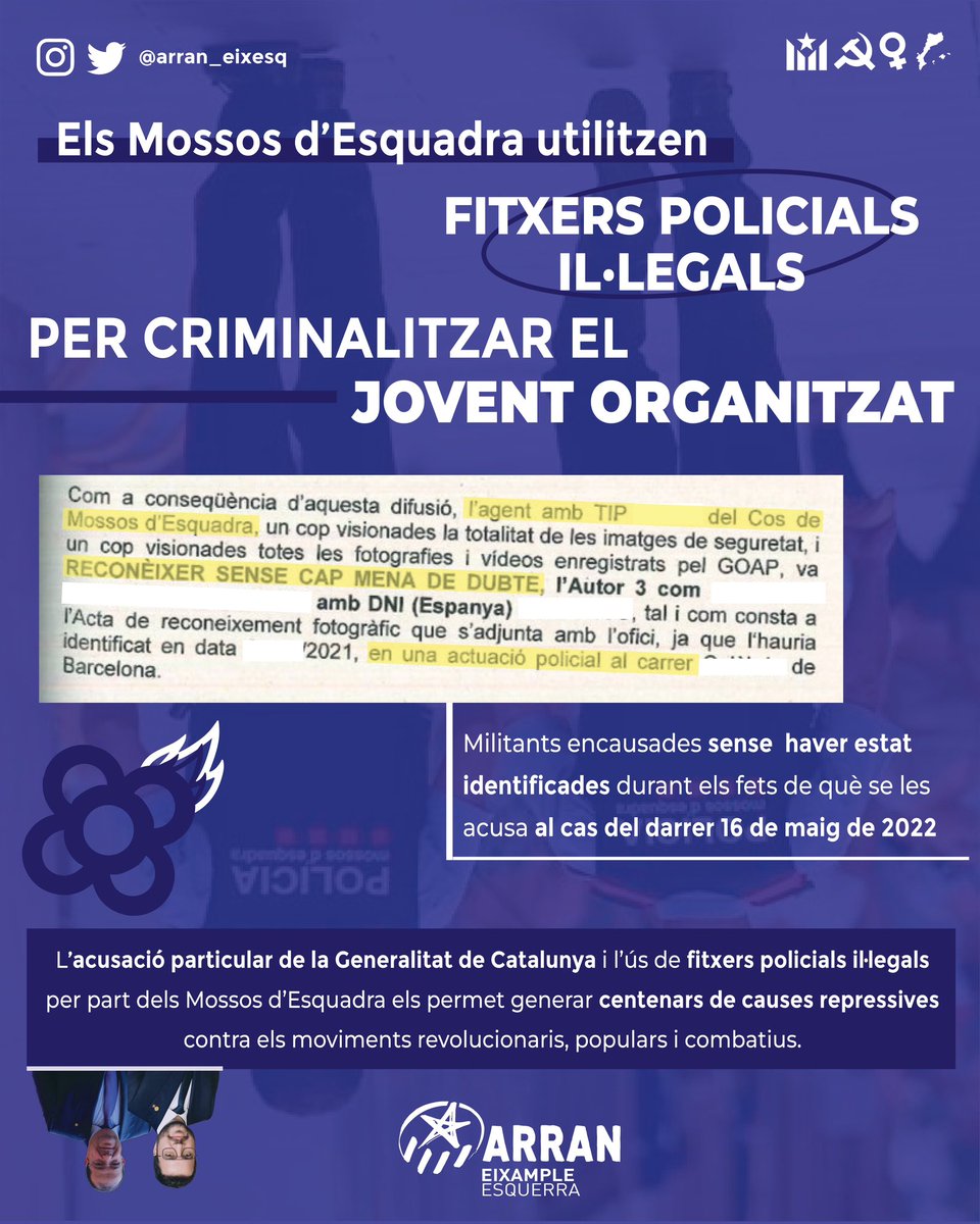 🔵POSEM FI AL CONTROL POLICIAL🔵

❌Centenars de persones imputades sense haver estat identificades durants els fets de què se les acusa
❌Ús de fitxers policials il•legals per identificar-nos
❌Acusació particular de la Generalitat de Catalunya