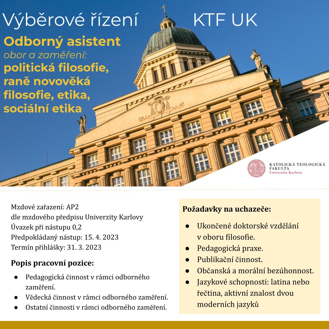 researchjobs_cz's tweet image. Výběrové řízení #KTF @UniKarlova: Odborný asistent – zaměření: politická #filosofie, raně novověká filosofie, etika, sociální #etika (úv. 0,2)
Více na: researchjobs.cz/6fICx
#filozofie