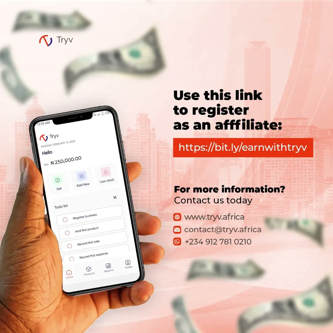 tryv_africa's tweet photo. With #Tryv_africa you can earn over 150,000 naira by just referring businesses to us for business registrations. 

Register &amp; refer businesses today!! 
https://t.co/MghSGdSSDu
Chat with us
WhatsApp:+234 912 781 0210
#itisdone
#startup #businessregistrationinnigeria
#bookkeeping https://t.co/2TXcXjTZug