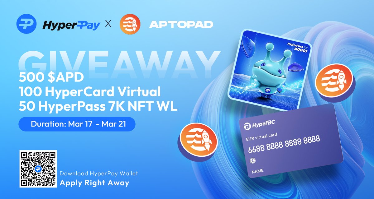 Hpx_Official's tweet photo. 📣Come and join our #Giveaway with @aptopad_io  @Quest3_xyz😊
 
⏲Mar. 17-21
🏆500 $APD
💳100 #HyperCard Virtual
✉️50 #HyperPass 7K #NFT WL

👉Finish tasks below &amp; you will have a chance to win the prizes!🥰

https://t.co/nqA3RYWb5M

#AirdropAlert #CryptoCard #Quest3 https://t.co/AhYDMH2DKz