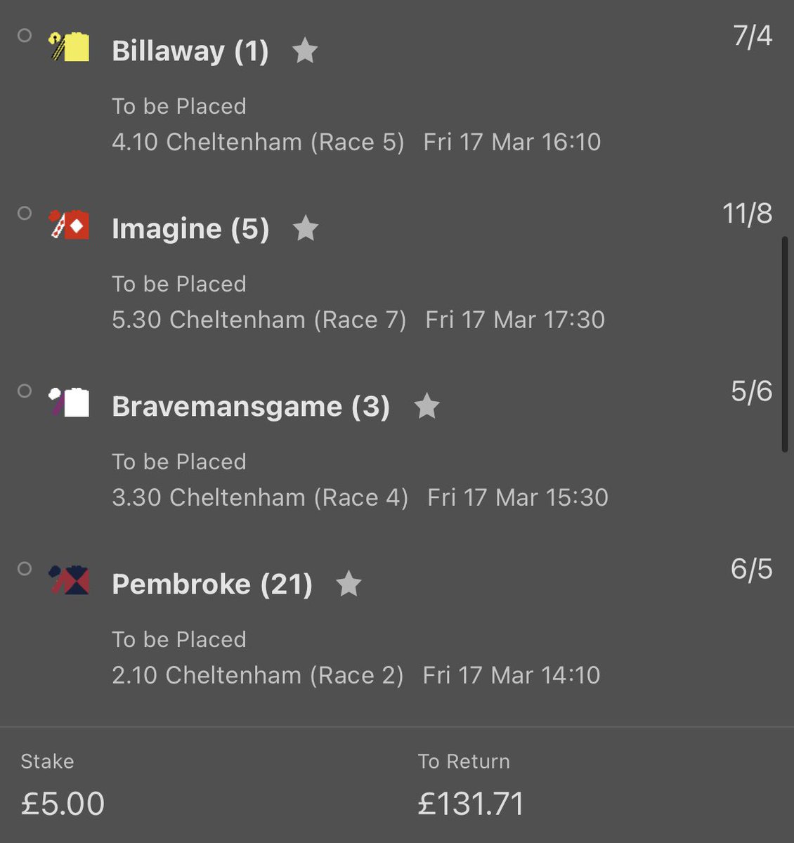 TipzDontLie's tweet photo. 🐎CHELTENHAM DAY 4🐎

1:30 - Blood Destiny 
2:10 - Pembroke, Gin Coco EW
2:50 - Corbett’s Cross, Hiddenvalley Lake EW
3:30 - BMG, Noble Yeats EW
4:10 - Vaucelet, Billaway EW
4:50 - Impervious
5:30 - Cool Survivor, Imagine EW

26/1 place acca below 👇 

Best of luck 🍀 https://t.co/65rw9gBN4b