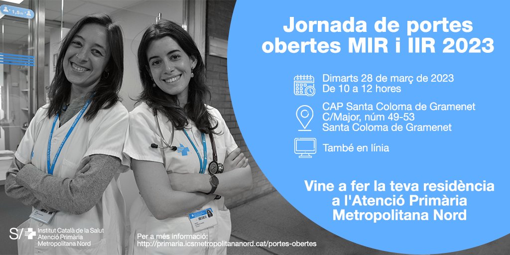 apicsmetronord's tweet photo. 📣Futur resident, a #apicsmetronord
🖋️ Oferim contractes segons les preferències per fidelitzar els professionals en acabar
ℹ️ https://t.co/4zCzpk9wkk
✏️Jornada de portes obertes
🗓️28 març
📍#CAPSantaColoma
#IIR #MIR #residents #ResisMN #residentsICS @icscat https://t.co/8pGDCpQCec