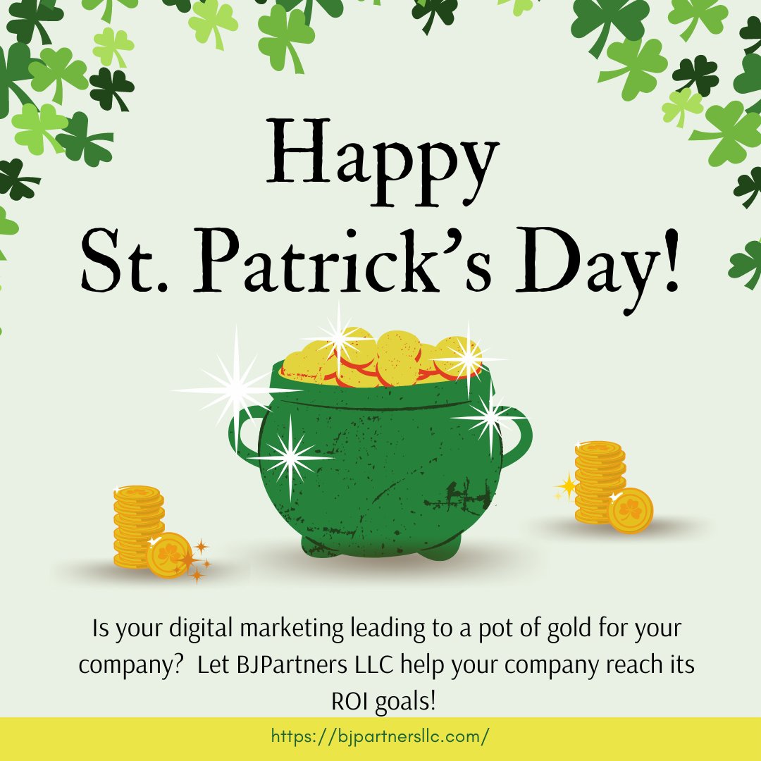BJPartners's tweet photo. Is your current #digitalmarketingstrategy leading to a pot of gold? Let #BJPartnersllc design a #customcampaign #tailoredtoyourneeds. You don't need #theluckoftheIrish. You just need #custombranding. #advertising #logos https://t.co/aLivg6hpKX https://t.co/mrUc6MPxqY