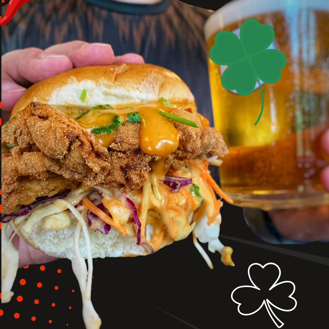 Cheers to St. Patrick's Day! May our crispy chicken burger and a fresh cold pint bring you as much joy as a pot of gold at the end of a rainbow 🍔🍺🌈