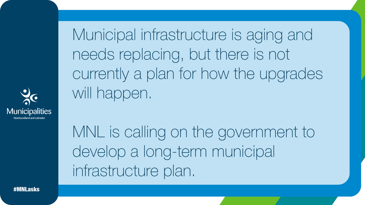 MunicipalNL's tweet photo. Municipalities require a long-term infrastructure plan from the province. The current year-by-year competitive process does not meet the needs of municipalities. #MNLasks #nlpoli https://t.co/rs5e7d00Dk