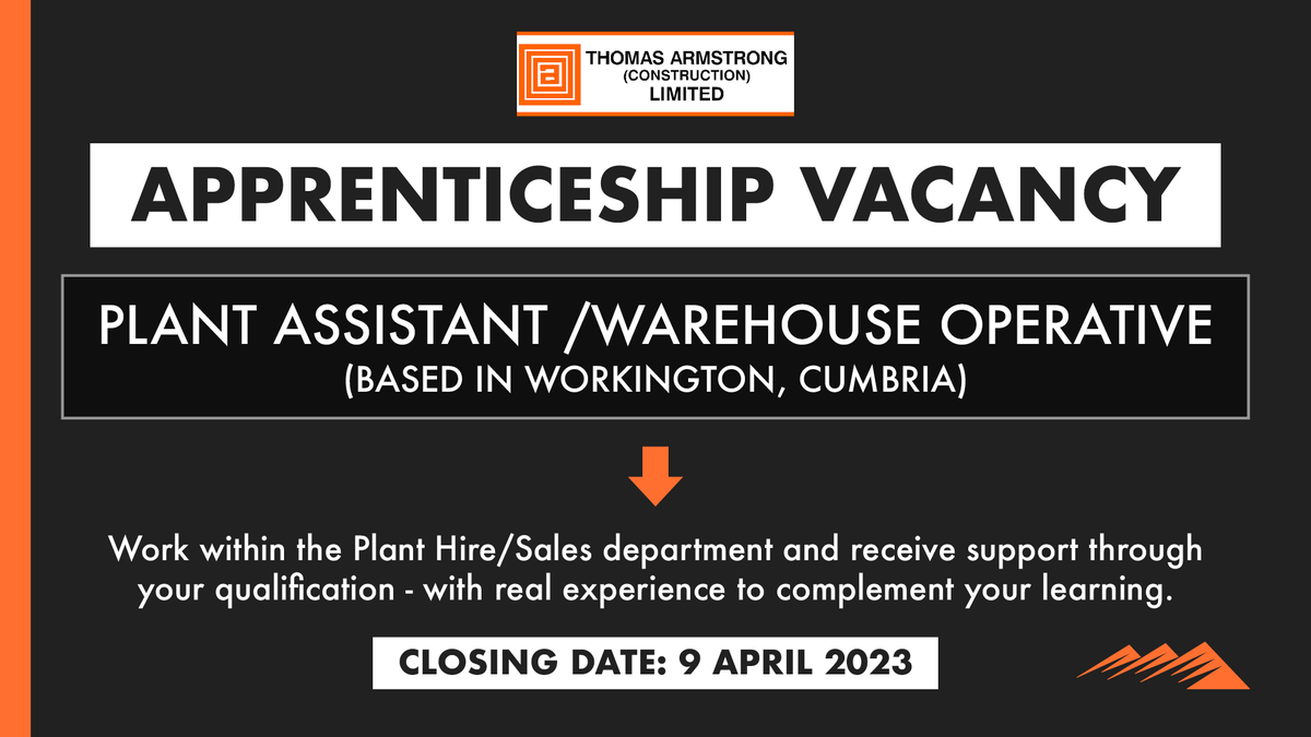 lakescollege's tweet photo. We have an exciting Apprenticeship Vacancy to share! 🤝

Who: Thomas Armstrong (Construction) Limited
What: Plant Assistant / Warehouse Operative
Where: Workington, Cumbria

Apply to this position by emailing us your CV today:

team-sales@lcwc.ac.uk ✉️

#apprenticeship #Cumbria https://t.co/uLlffaO2cp