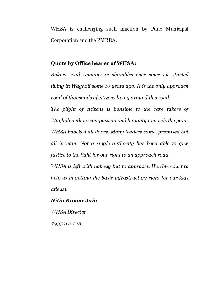 WagholiHSA's tweet photo. #BREAKING
This story is about a road, which has remained only on paper since over a decade. Dreams of a better life have been ruined by fake promises ......
#PressRelease #English
#DevelopWagholi #WHSA #Wagholi #PIL #BombayHighCourt #BakoriRoad
33/n https://t.co/SR1Js5qVAH