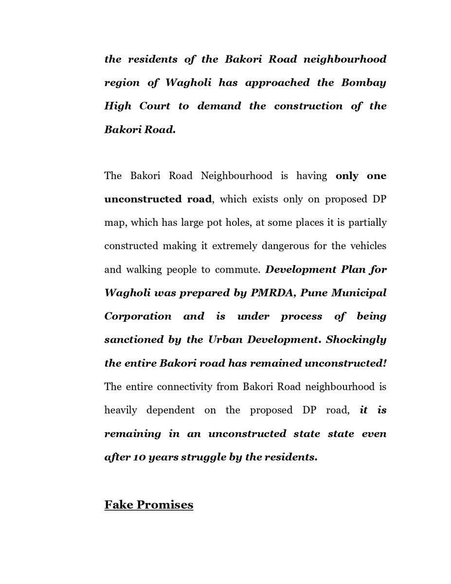 WagholiHSA's tweet photo. #BREAKING
This story is about a road, which has remained only on paper since over a decade. Dreams of a better life have been ruined by fake promises ......
#PressRelease #English
#DevelopWagholi #WHSA #Wagholi #PIL #BombayHighCourt #BakoriRoad
33/n https://t.co/SR1Js5qVAH