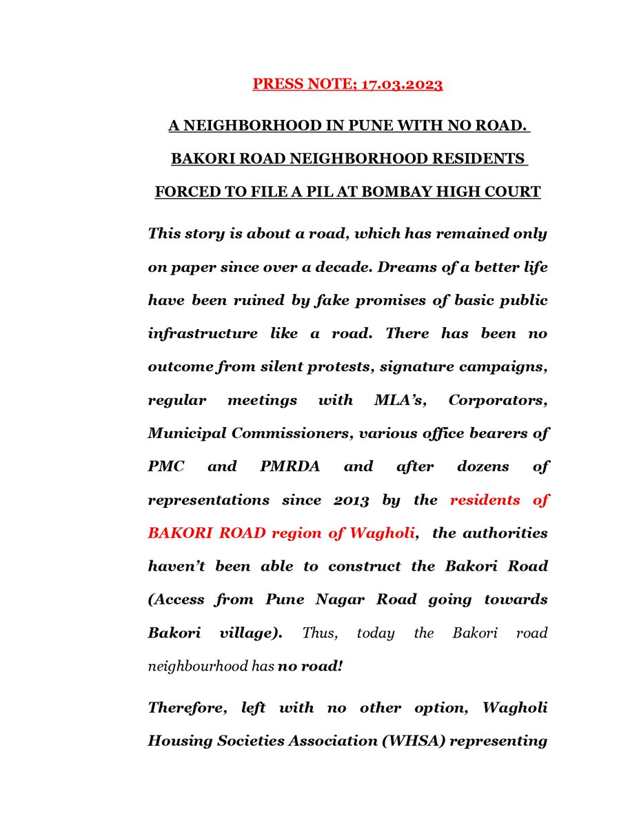 WagholiHSA's tweet photo. #BREAKING
This story is about a road, which has remained only on paper since over a decade. Dreams of a better life have been ruined by fake promises ......
#PressRelease #English
#DevelopWagholi #WHSA #Wagholi #PIL #BombayHighCourt #BakoriRoad
33/n https://t.co/SR1Js5qVAH