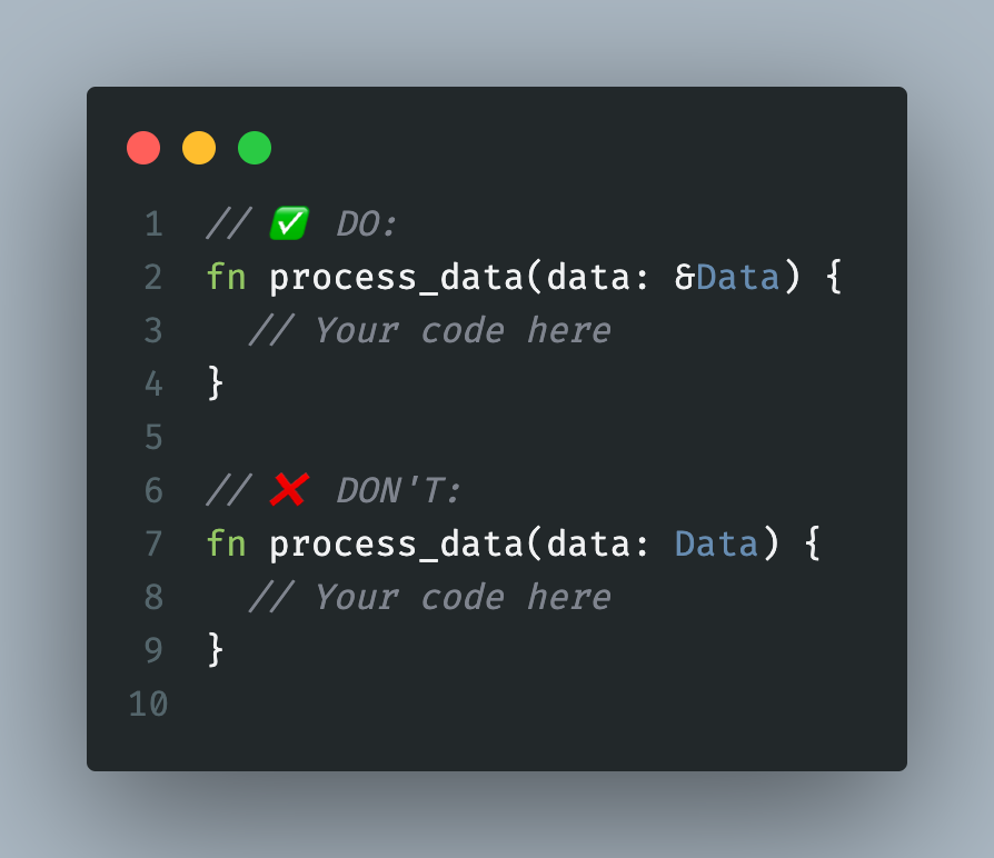 donhardman88's tweet photo. 🔧 Spent hours debugging a #Rust performance issue, and guess what? It was the dreaded clone!😅 Here's a reminder for my fellow devs:

Pass references, not owned values, whenever possible! #RustOptimization https://t.co/DYK1rwJxcW