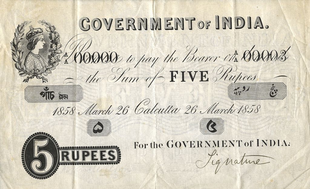 5 Rupee note, issued by the Government of India in 1858
#HistoryOfMoney #Banknotes #PaperMoney #WorldMoney #twitterstorians