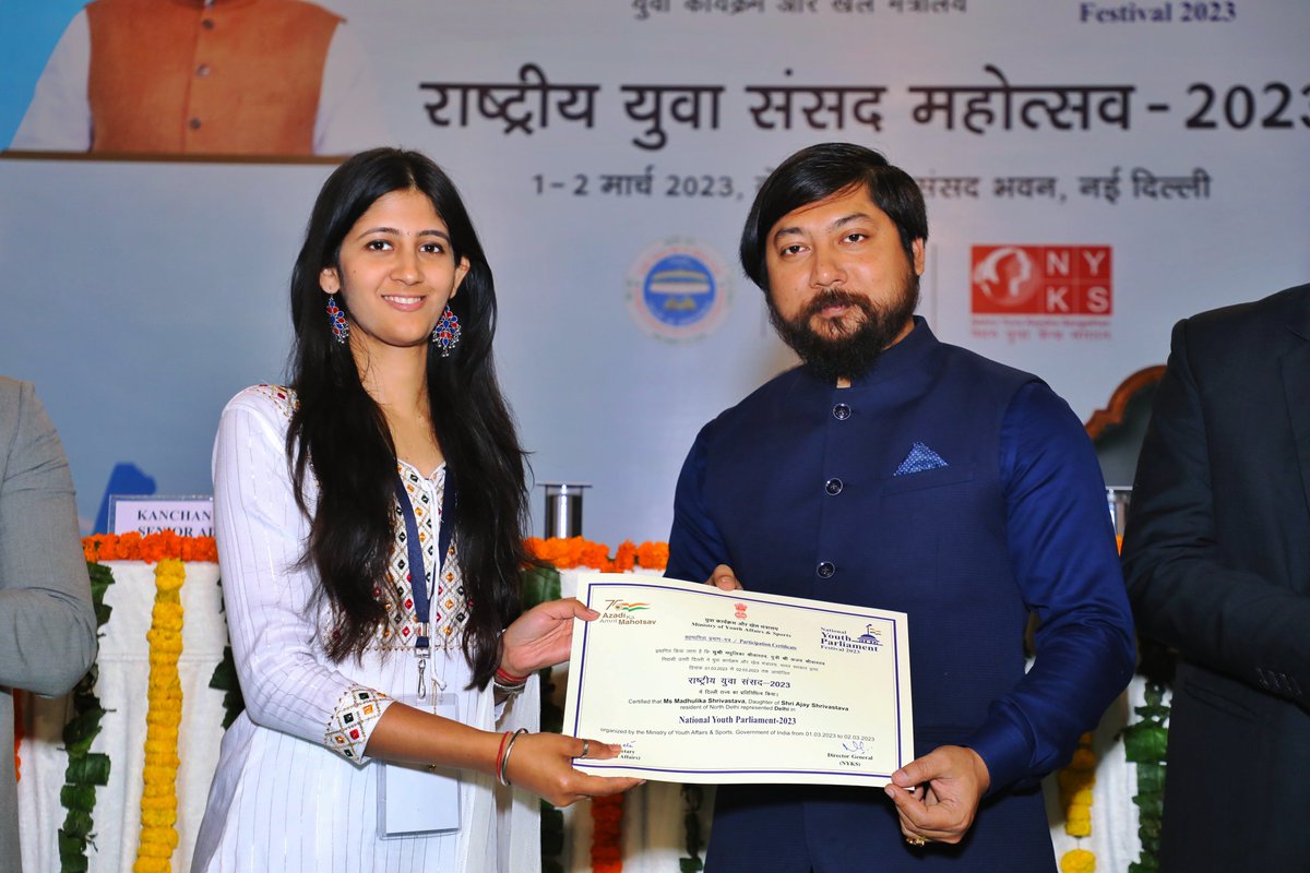nss_lc1's tweet photo. It is sheer happiness to introduce Madhulika Shrivastava, a fellow NSS Volunteer who represented Delhi in National Youth Parliament Festival (NYPF) organised by Ministry of Youth Affairs after qualifying District and State levels.
It is a matter of immense pride and pleasure!!!! https://t.co/Oor8Upk1df