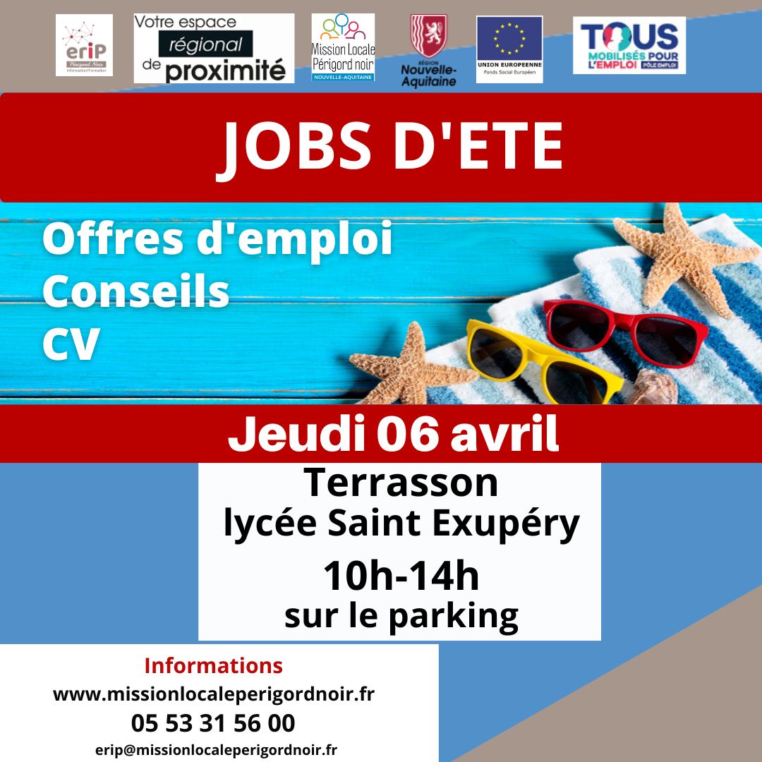 Un Job pour l'été ? 
La Mission Locale PN et L'ERIP se déplacent sur les parkings des Lycées du Périgord Noir
Sarlat : mardi 4 avril
Terrasson : jeudi 6 avril

- présentation offres
- conseils

#jobdete #perigordnoir #prédecordy #sarlat #terrasson