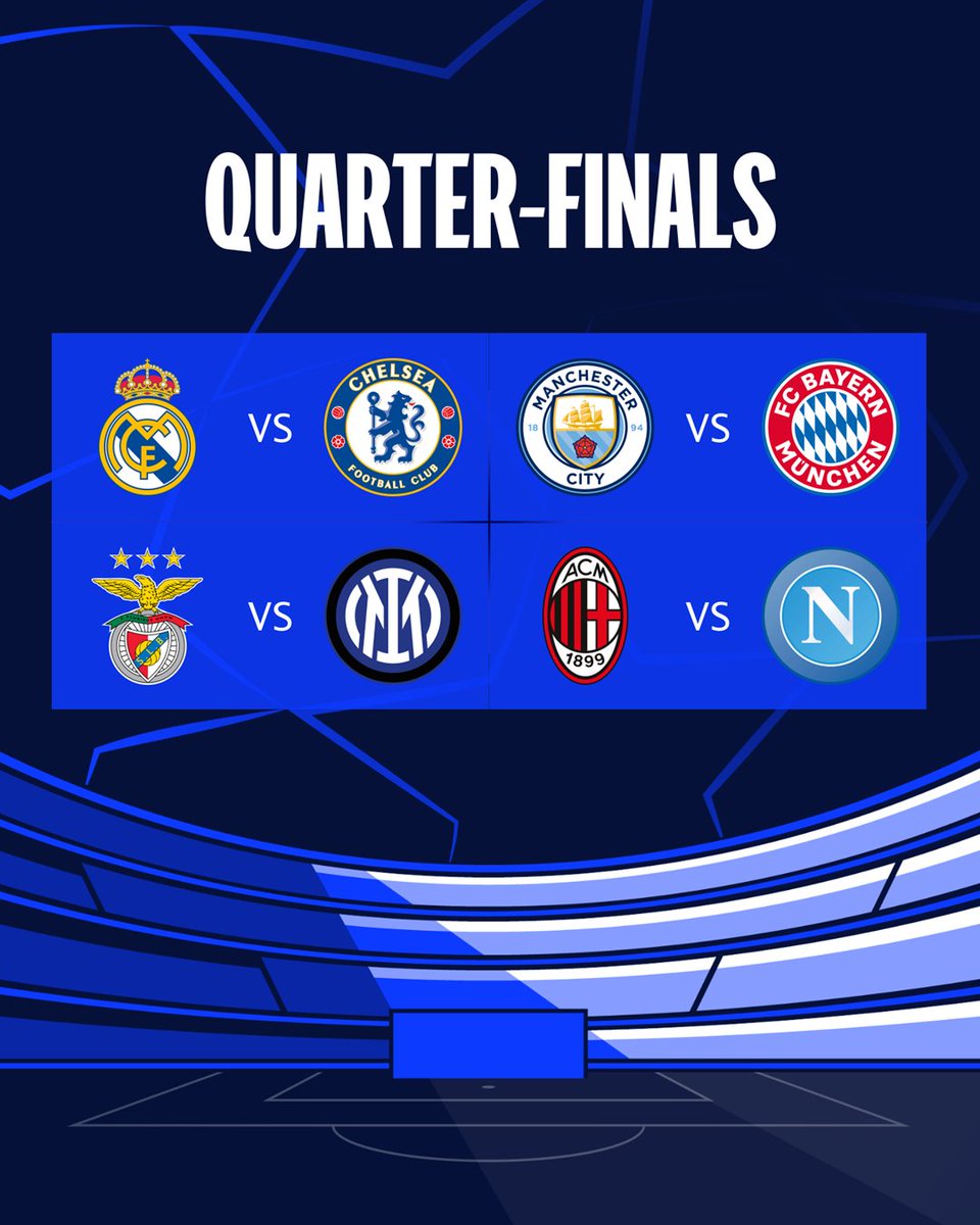Quartas da Champions definidas com estas chaves:

Real Madrid x Chelsea
Manchester City x Bayern de Munique

Benfica x Inter de Milão
Milan x Napoli

75% de chance de ter um time italiano na final da Champions nesta temporada. Na torcida pelo Napoli.