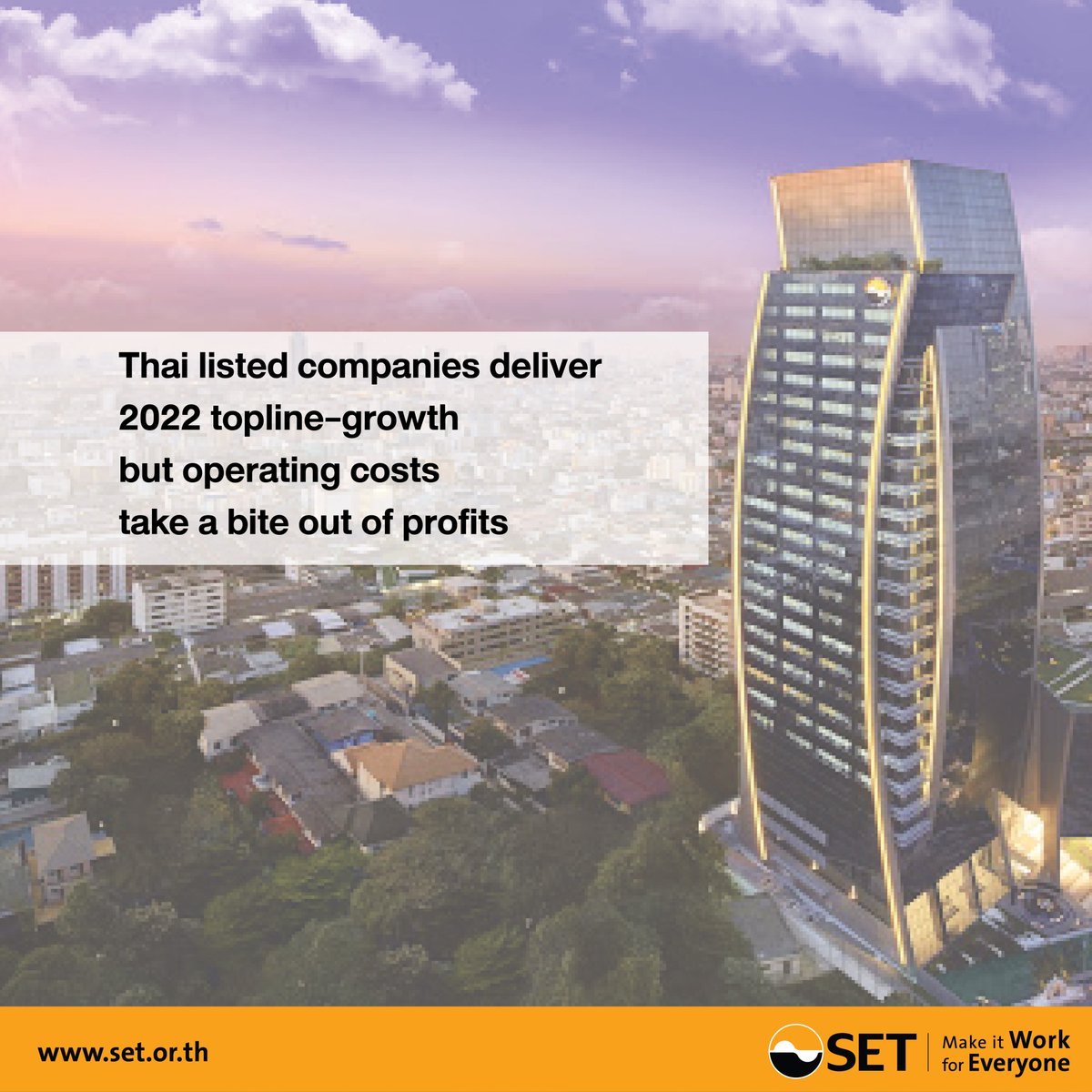 SET_Thailand_EN's tweet photo. #SET-#listedcompanies' total sales in 2022 up 32.4 pct y-o-y to THB 17.68
trillion
-Combined #operatingprofits up 18.4 pct y-o-y to THB 1.83 trillion
-#Netprofits slightly fell 1.9 pct to THB 974.76 billion
#earnings #mai #Thaistock
Find out: https://t.co/NufRjF57ng https://t.co/YncmNU5cwB